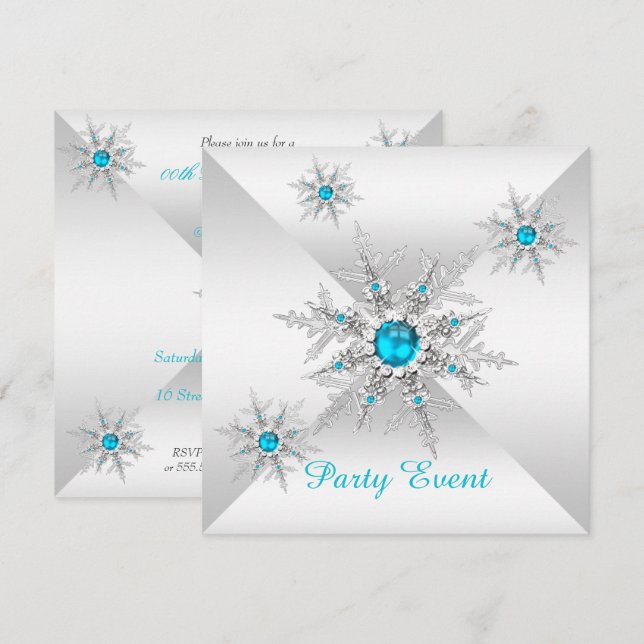 Teal Blue Snowflakes Winter Wonderland Party Invitation (Front/Back)