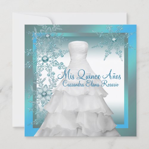 Teal Blue Snowflakes Winter Wonderland Quinceanera Custom Invites
