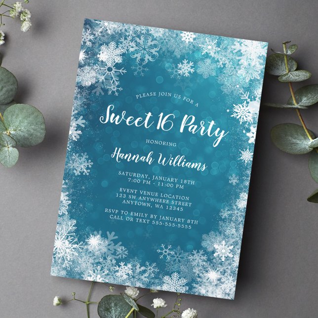 Teal Blue Snowflakes Winter Wonderland Sweet 16 Invitation (Creator Uploaded)