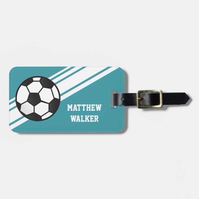 Teal Blue Soccer Stripes Personalized Luggage Tag (Front Horizontal)
