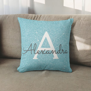 Teal Blue Sparkle Glitter Monogram Name & Initial Throw Pillow