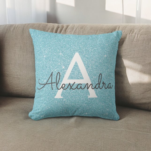 Teal Blue Sparkle Glitter Monogram Name & Initial Throw Pillow (Creator Uploaded)