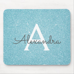 Teal Blue Sparkle Glitter Monogram Name Mousepad