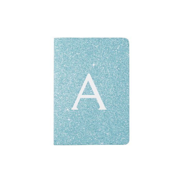 Teal Blue Sparkle Glitter Monogram Name Passport Holder (Front)