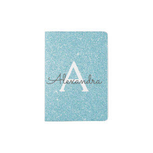 Teal Blue Sparkle Glitter Monogram Name Passport Holder