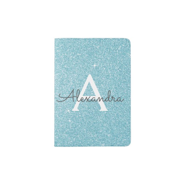 Teal Blue Sparkle Glitter Monogram Name Passport Holder (Front)