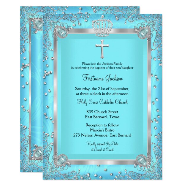 Teal Blue Sparkle Photo Baptism Christening Card