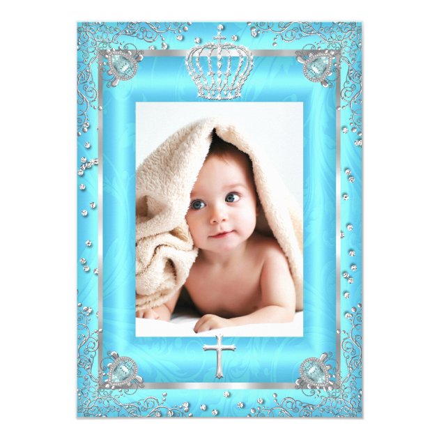 Teal Blue Sparkle Photo Baptism Christening Card