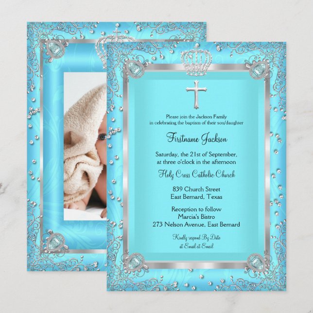 Teal Blue Sparkle Photo Baptism Christening Invitation (Front/Back)