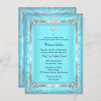 Teal Blue Sparkle Photo Baptism Christening Invitation
