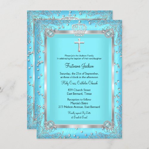 Teal Blue Sparkle Photo Baptism Christening Invitation