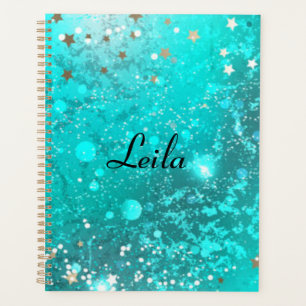 Teal Blue Sparkly Glitter Name Aqua Planner