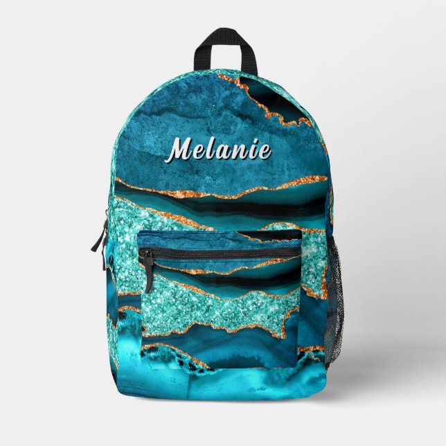 Teal Blue Sparkly Gold Backpack Personalized Name (Front)