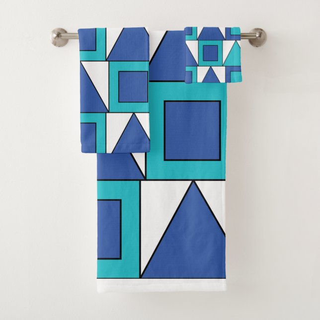Teal Blue Square Triangle Geometric  Bath Towel Set (Insitu)