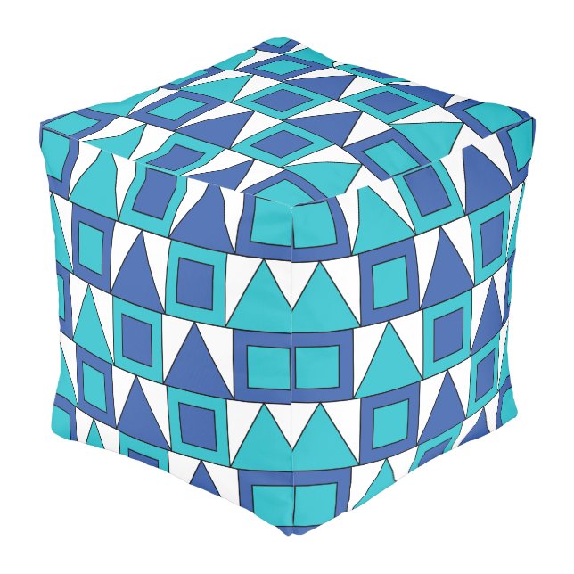 Teal Blue Square Triangle Geometric  Pouf (Angled Front)