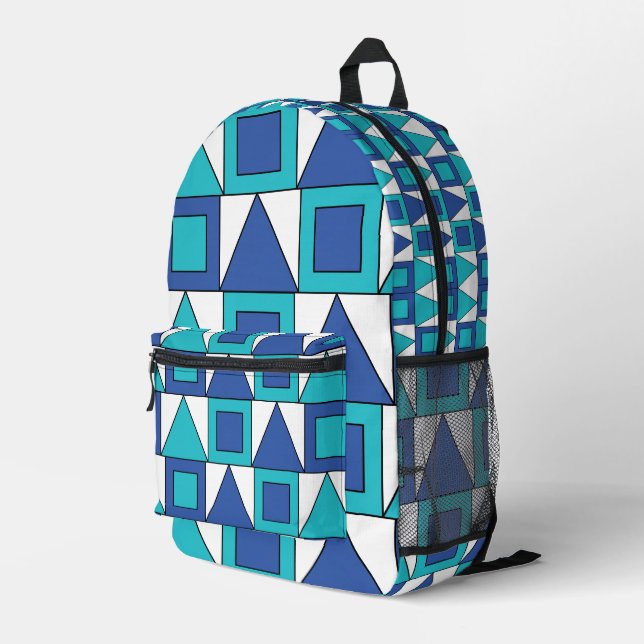 Teal Blue Square Triangle Geometric  Printed Backpack (Back Corner Right)