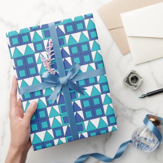 Teal Blue Square Triangle Geometric Wrapping Paper
