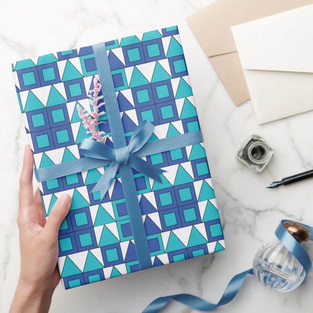 Teal Blue Square Triangle Geometric Wrapping Paper (Gifting)