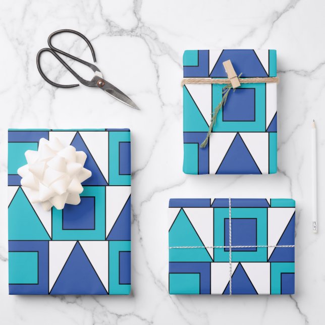 Teal Blue Square Triangle Geometric Wrapping Paper Sheets (Front)