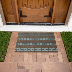 Teal Blue Squares Art Pattern On Dark Coffee Brown Doormat