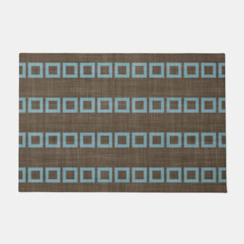 Teal Blue Squares Art Pattern On Dark Coffee Brown Doormat