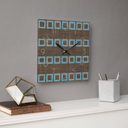 Teal Blue Squares Art Pattern On Dark Coffee Brown Square Wall Clock