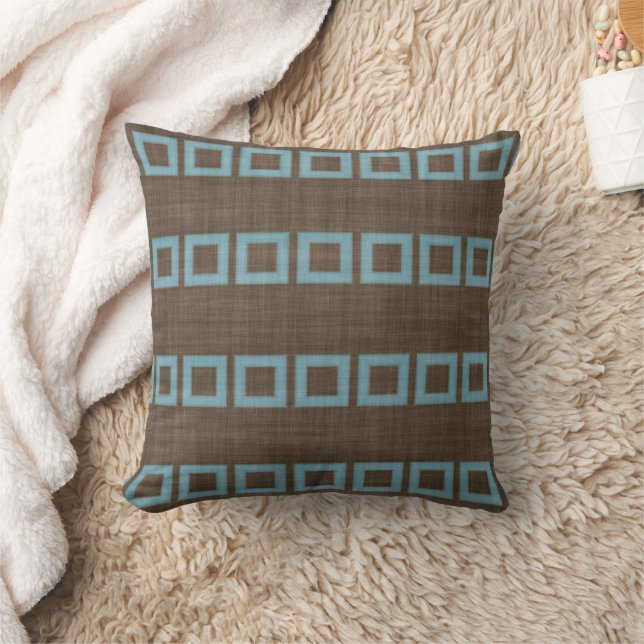 Teal Blue Squares Art Pattern On Dark Coffee Brown Throw Pillow (Blanket)