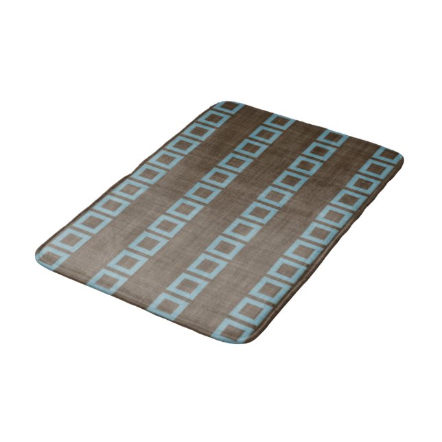 Teal Blue Squares Pattern On Dark Coffee Brown Bathroom Mat (Angled)
