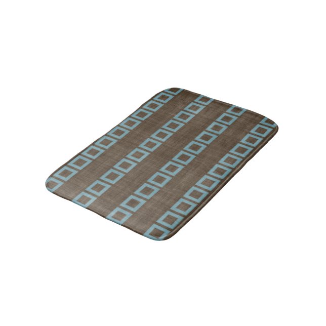 Teal Blue Squares Pattern On Dark Coffee Brown Bathroom Mat (Angled)