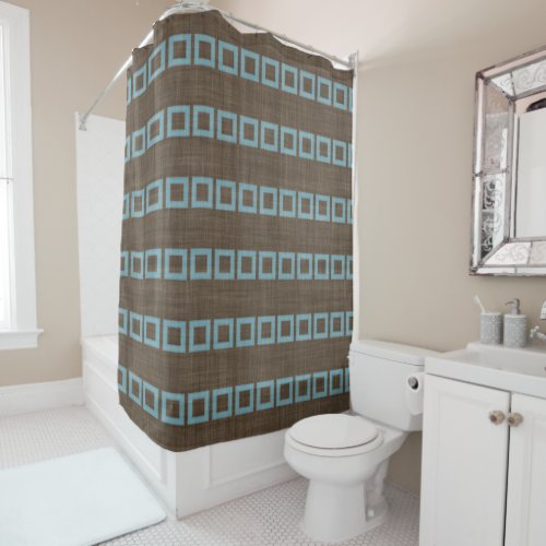 Teal Blue Squares Pattern On Dark Coffee Brown Shower Curtain