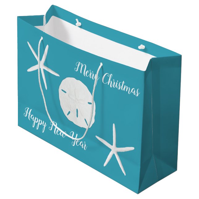 Teal Blue Starfish Christmas Large Paper Gift Bag (Front Angled)