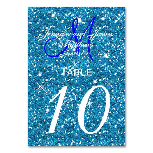 Teal Blue Starry Night Wedding Table Number Card (Front)
