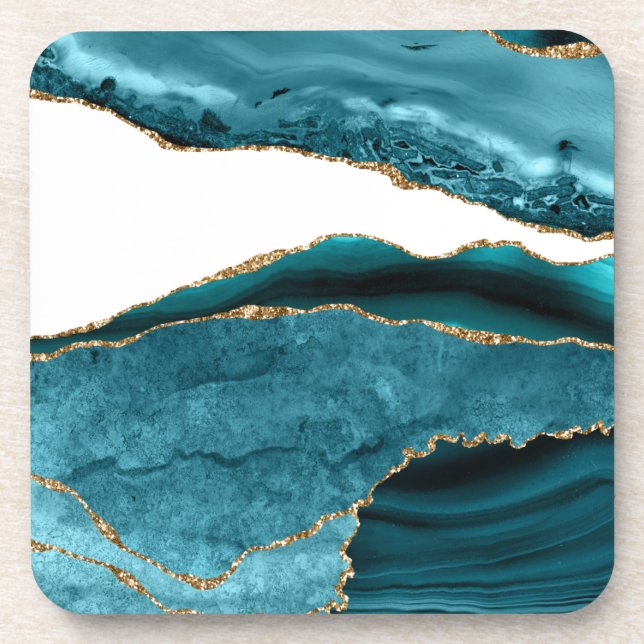 Teal Blue Stone Gold Metallic Stone Beverage Coaster (Front)