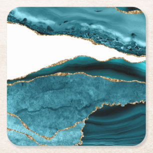 Teal Blue Stone Gold Metallic Stone Square Paper Coaster