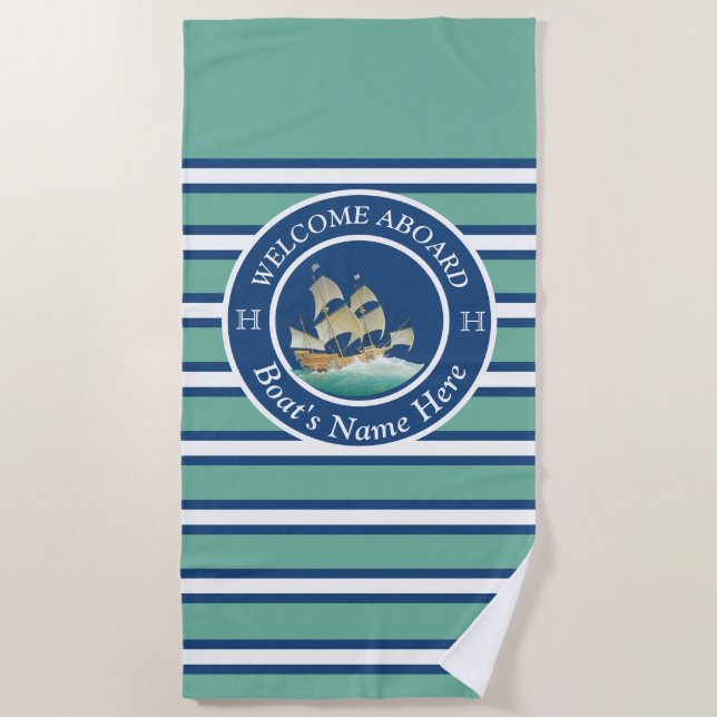 Teal Blue Striped Nautical Boat Name Sailing Ship Beach Towel (Front)