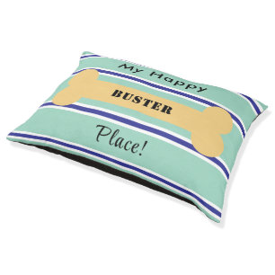 Teal Blue Stripes Beige Dog Bone Name Pet Bed
