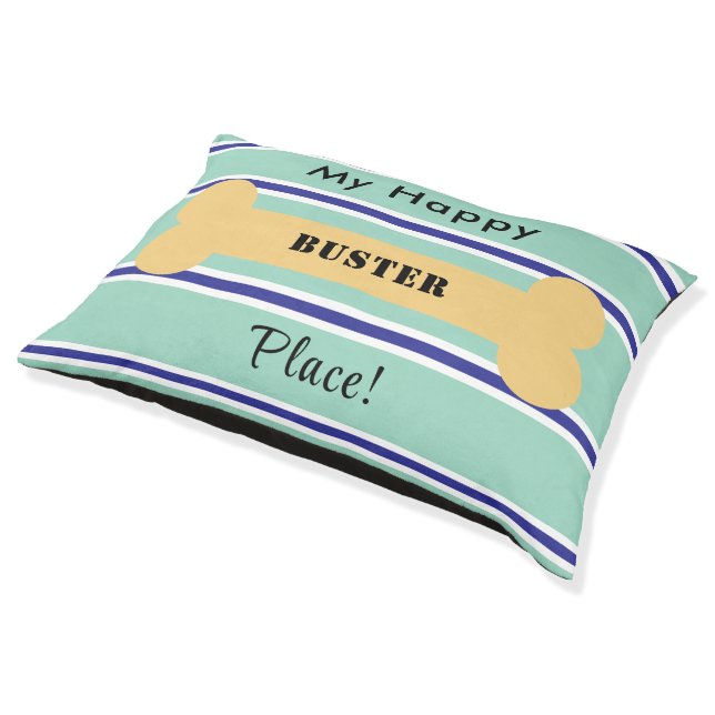 Teal Blue Stripes Beige Dog Bone Name Pet Bed (Angled)
