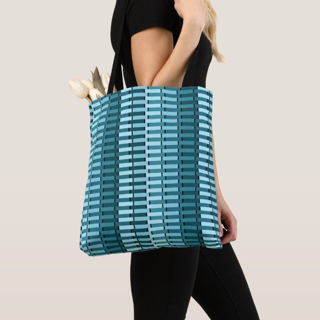 Teal Blue Stylish Modern Abstract Stripe Pattern Tote Bag (Close Up)