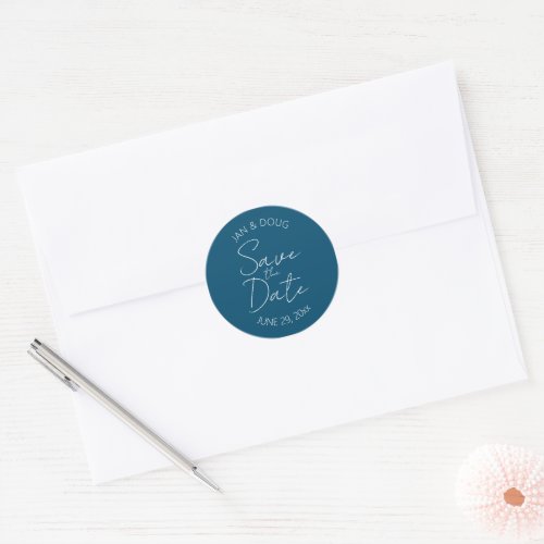 Teal Blue Stylish Script Save the Date Classic Round Sticker