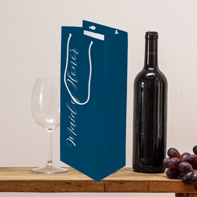 Teal Blue Stylized Script Maid of Honor Wine Gift Bag (In Situ)