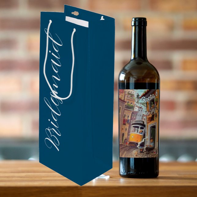 Teal Blue Stylized Script Wedding Bridesmaid Wine Gift Bag (In Situ)