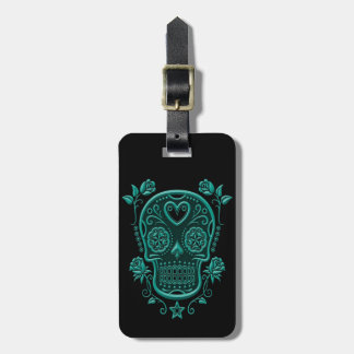Teal Blue Sugar Skull with Roses on Black Luggage Tag