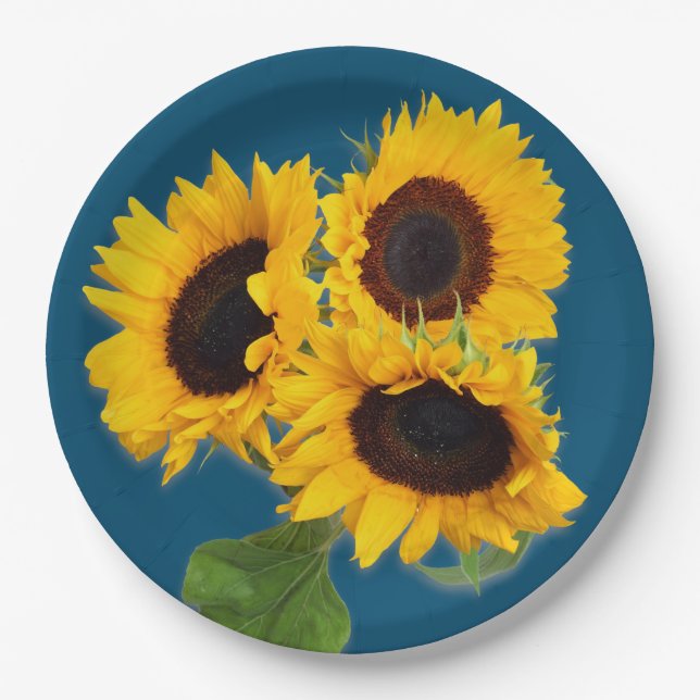 Teal Blue Sunflower Bouquet Disposable Paper Plates (Front)
