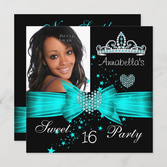 Teal Blue Sweet 16 Birthday Diamond Tiara Photo Invitation (Front/Back)