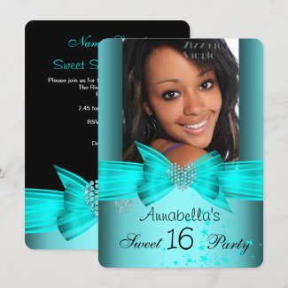 Teal Blue Sweet 16 Birthday Party Diamond Photo 2 Invitation