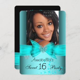 Teal Blue Sweet 16 Birthday Party Diamond Photo 2 Invitation