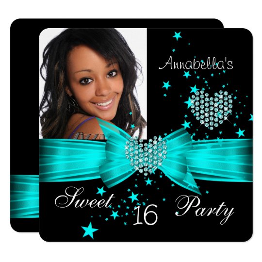 Teal Blue Sweet 16 Birthday Party Diamond Photo Card