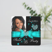 Teal Blue Sweet 16 Birthday Party Diamond Photo Invitation (Standing Front)