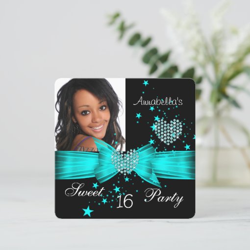 Teal Blue Sweet 16 Birthday Party Diamond Photo Invitation Zazzle