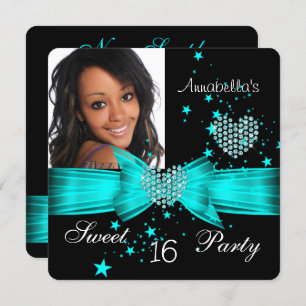 Teal Blue Sweet 16 Birthday Party Diamond Photo Invitation